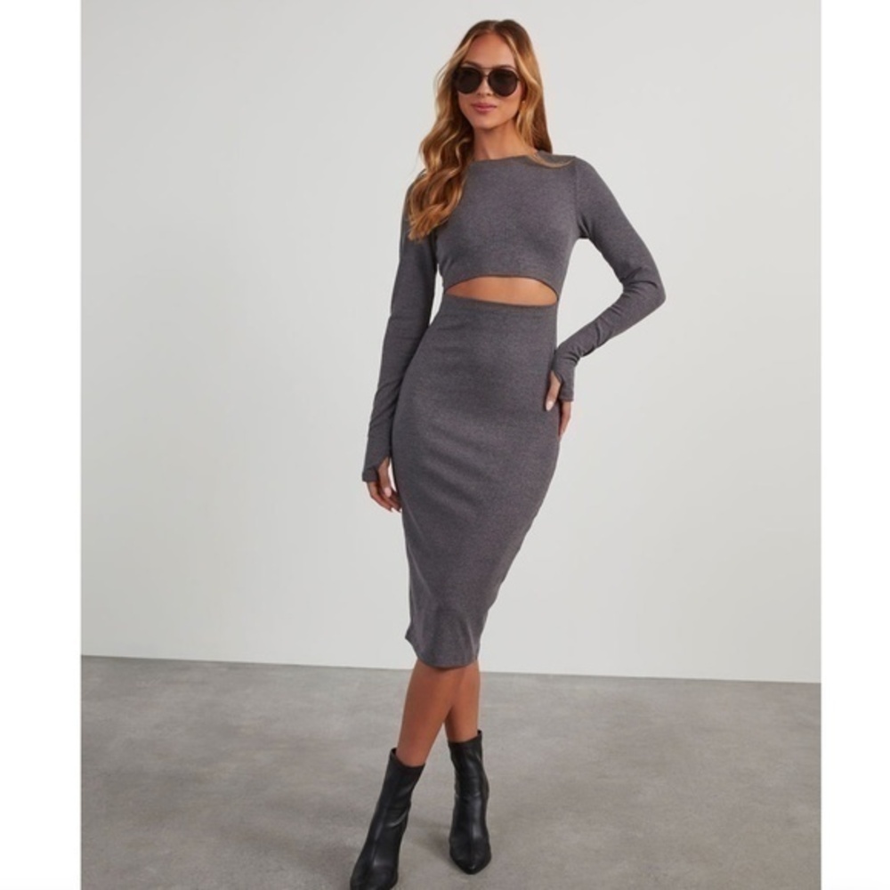 Tyche Gray Ribbed Midi Bodycon Cut Out Dress Long Sleeve Size XS